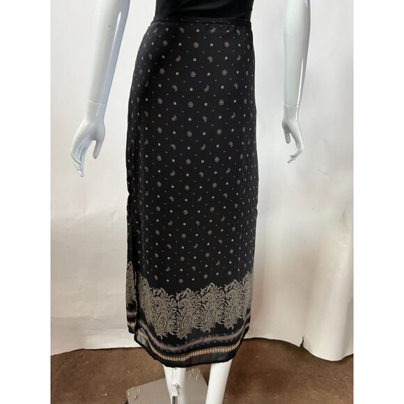 Vintage Black Midi Skirt sz 10 With Paisley & Floral Print Side Slit Button Clo - Picture 13 of 15